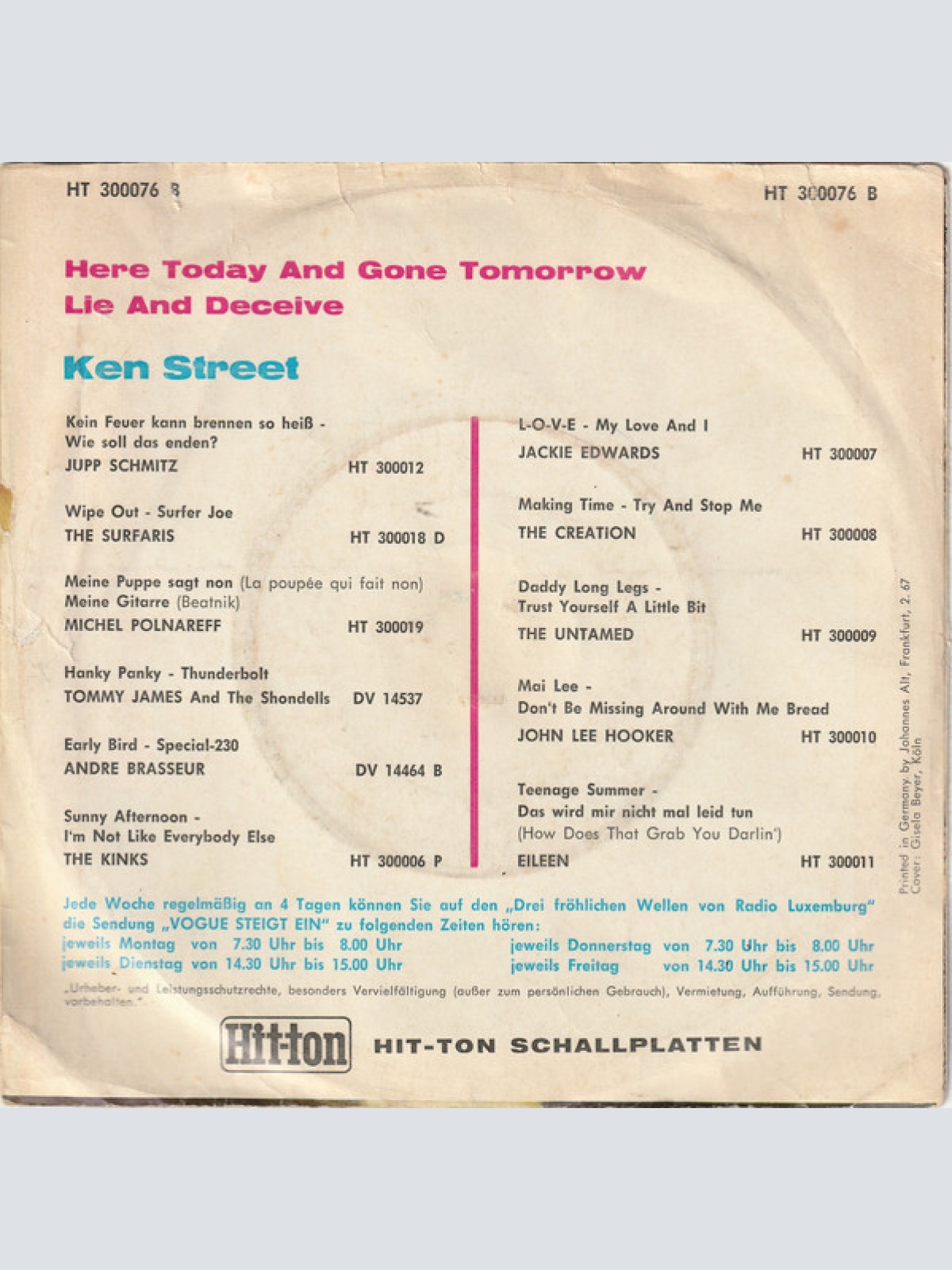 Vinyl / Ken Street - Here Today And Gone Tomorrow / Lie And Deceive