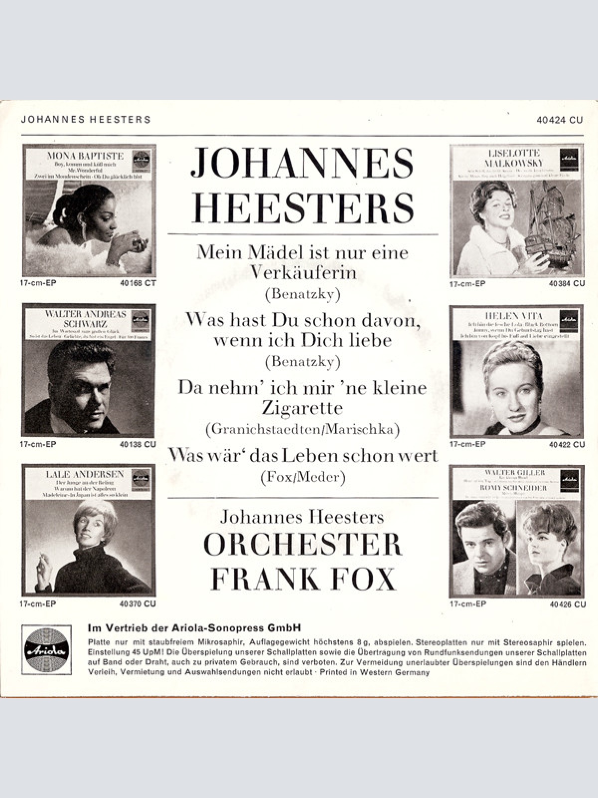 Vinyl / Johannes Heesters - Was Hast Du Schon Davon Wenn Ich Dich Liebe / Da Nehm Ich Mir 'Ne Kleine Zigarette / Mein Mädel Ist Nur Eine Verkäuferin / Was Wär' Das Leben Schon Wert