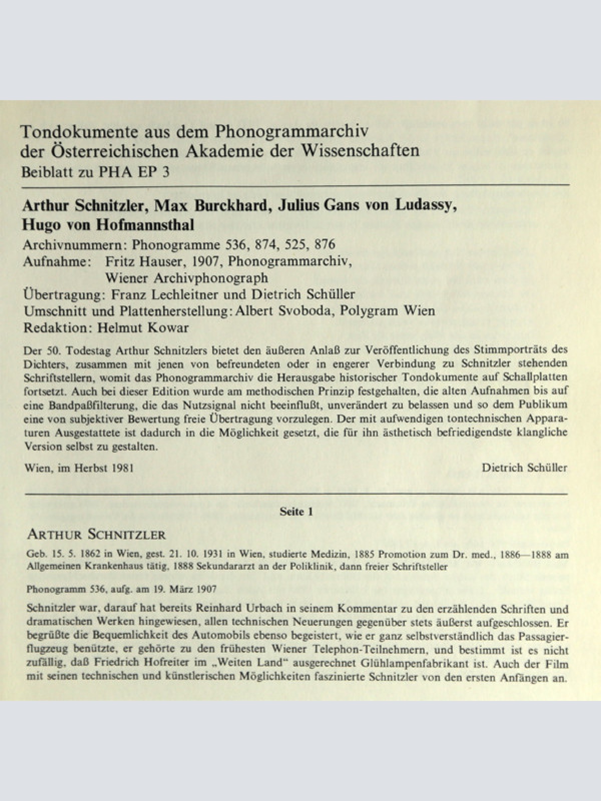 Vinyl / Arthur Schnitzler, Max Burckhard, Julius Gans von Ludassy, Hugo von Hofmannsthal - Tondokumente Aus Dem Phonogrammarchiv Der Österreichischen Akademie Der Wissenschaften