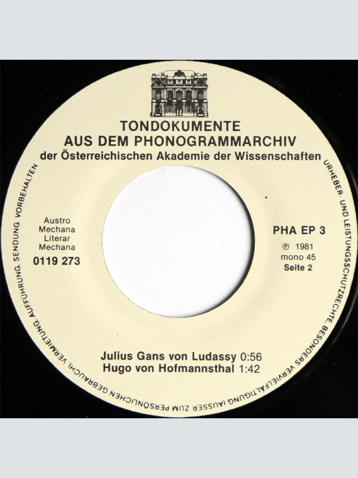 Vinyl / Arthur Schnitzler, Max Burckhard, Julius Gans von Ludassy, Hugo von Hofmannsthal - Tondokumente Aus Dem Phonogrammarchiv Der Österreichischen Akademie Der Wissenschaften