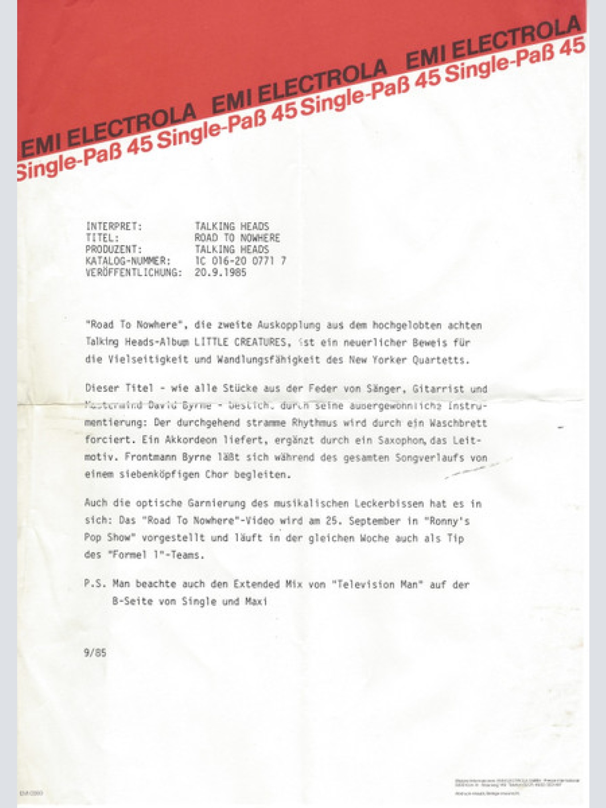 Vinyl / Talking Heads - Road To Nowhere