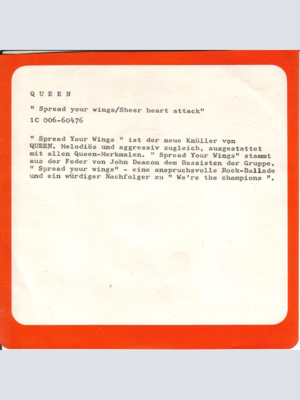 Vinyl / Queen - Spread Your Wings B/W Sheer Heart Attack