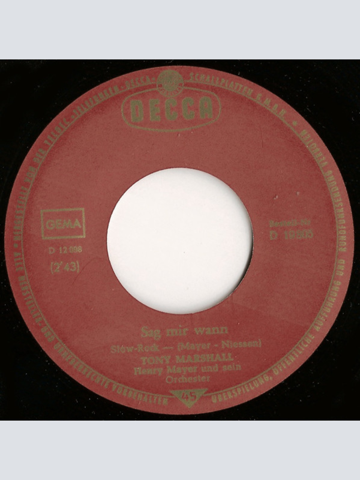 Vinyl / Tony Marshall - Aline / Sag Mir Wann