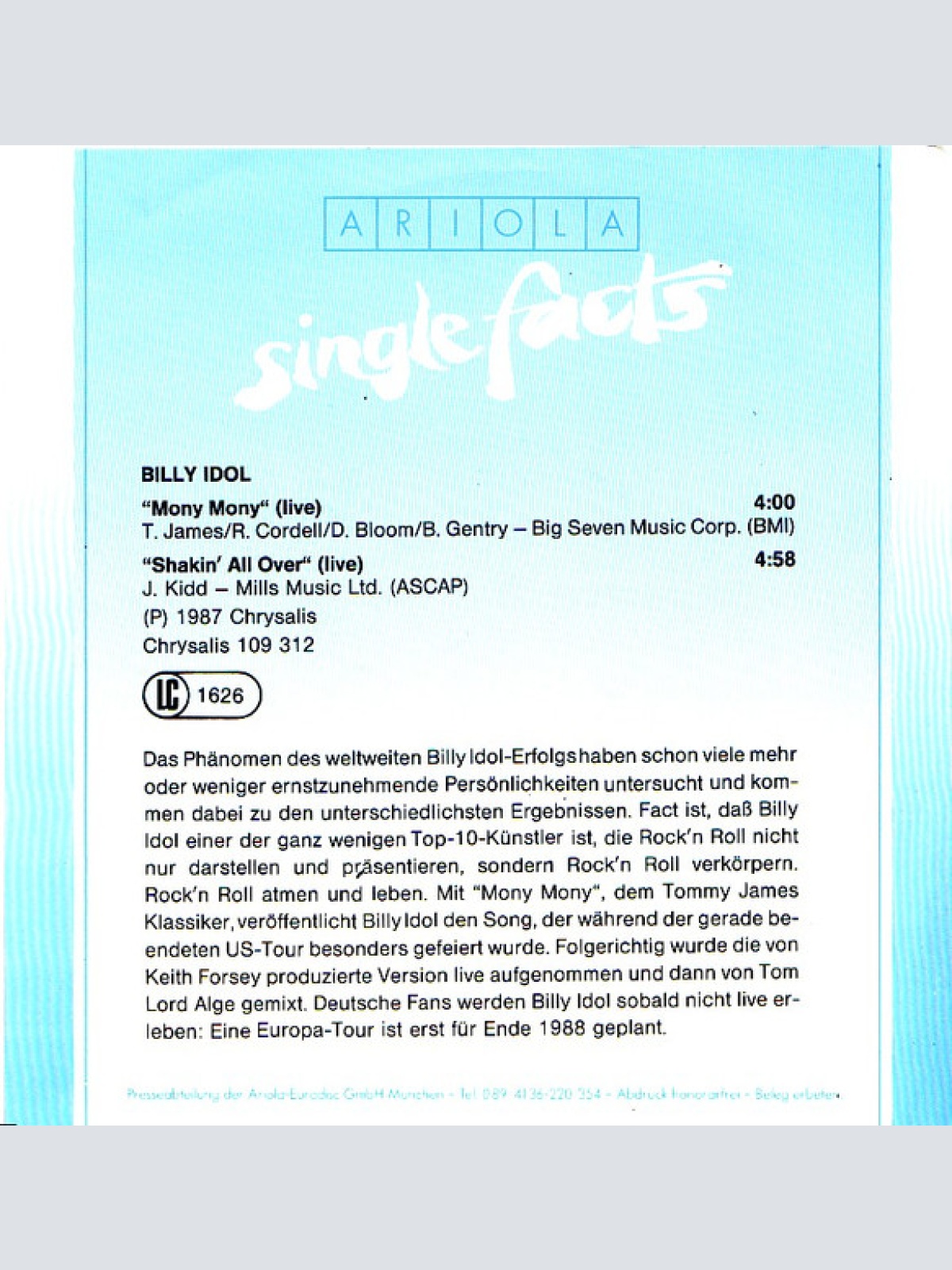 Vinyl / Billy Idol - Mony Mony (Live)