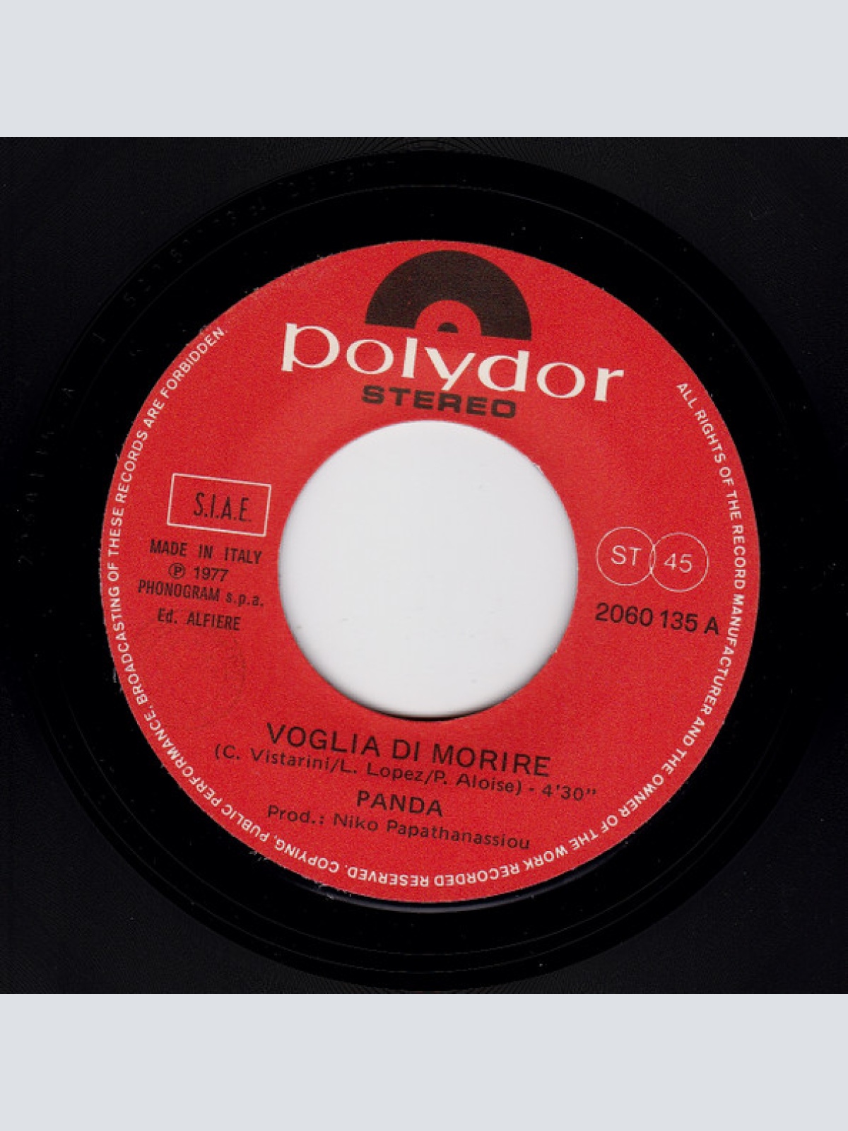 Vinyl / Panda (6) - Voglia Di Morire / Tardi