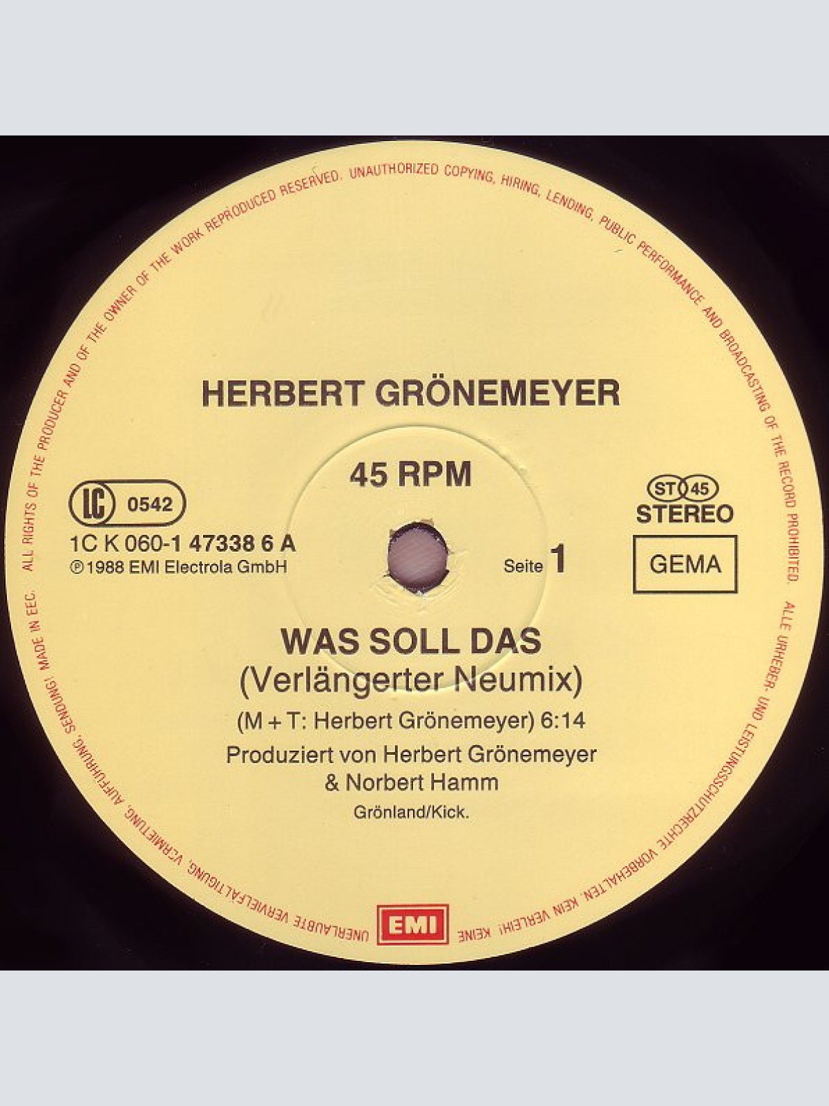 Vinyl / Herbert Grönemeyer - Was Soll Das (Verlängerter Neumix)