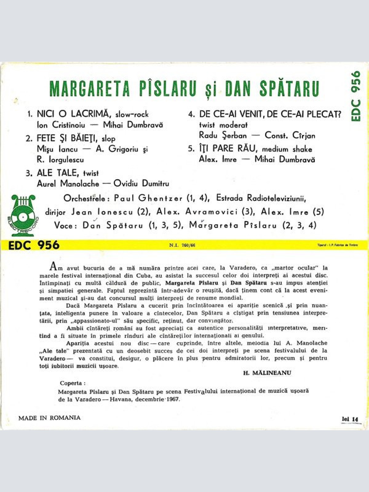 Vinyl / Margareta Pîslaru* Și Dan Spătaru - Nici O Lacrimă ∗ Fete Și Băieți ∗ Ale Tale ∗ De Ce-ai Venit, De Ce-ai Plecat? ∗ Îți Pare Rău