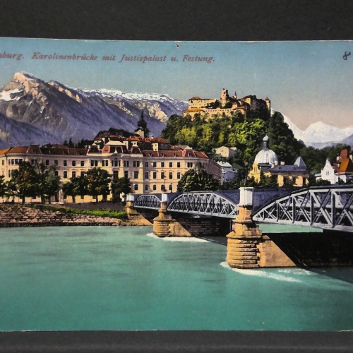 Salzburg Karolinenbrücke mit Justizpalast und Festung Hohensalzburg JW165839