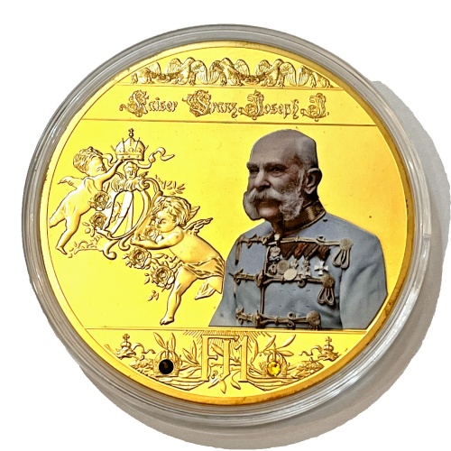 Kaiser Franz Josef Cu vergoldet mit 2 Swarowski Steinen Medaille PP R0020