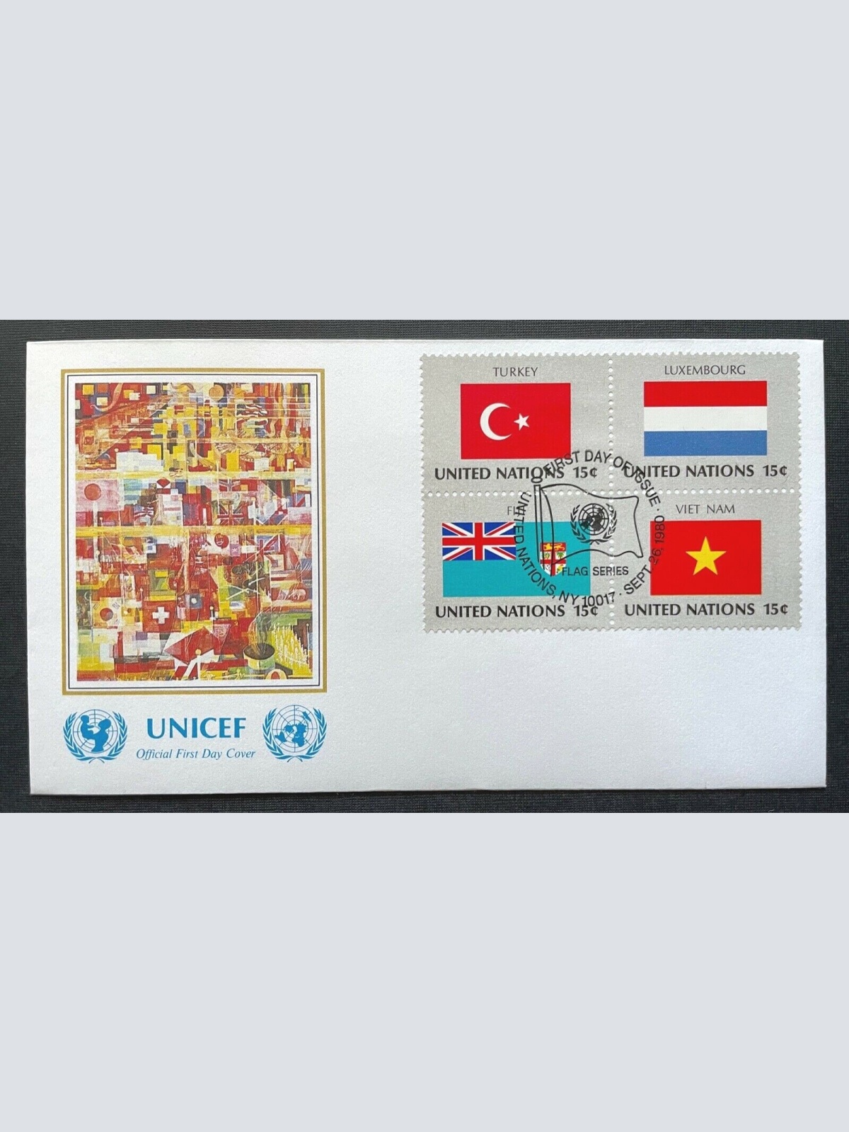 Brief Unicef FDC Flagge Turkey Luxemburg Fiji Vietnam ca.16,5x9,3cm 410308 PR