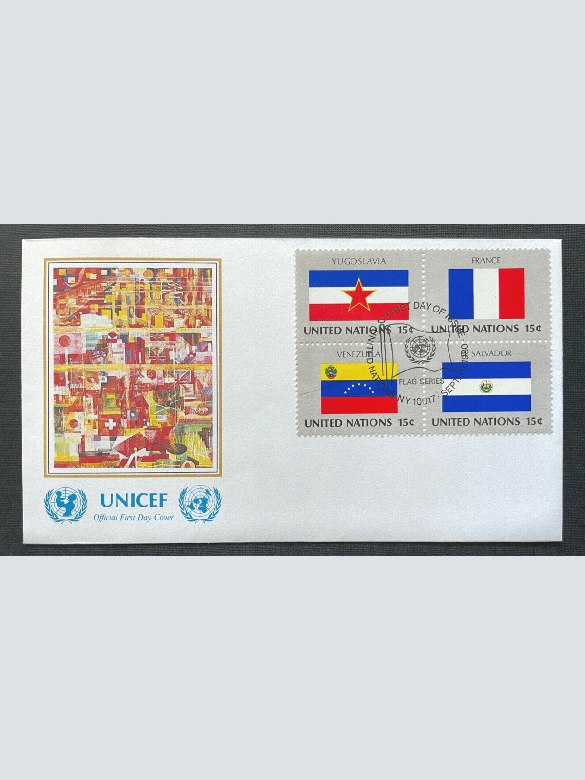 Brief Unicef FDC Flagge Yugoslavia France Venezuela SLV ca.16,5x9,2cm 410309 PR