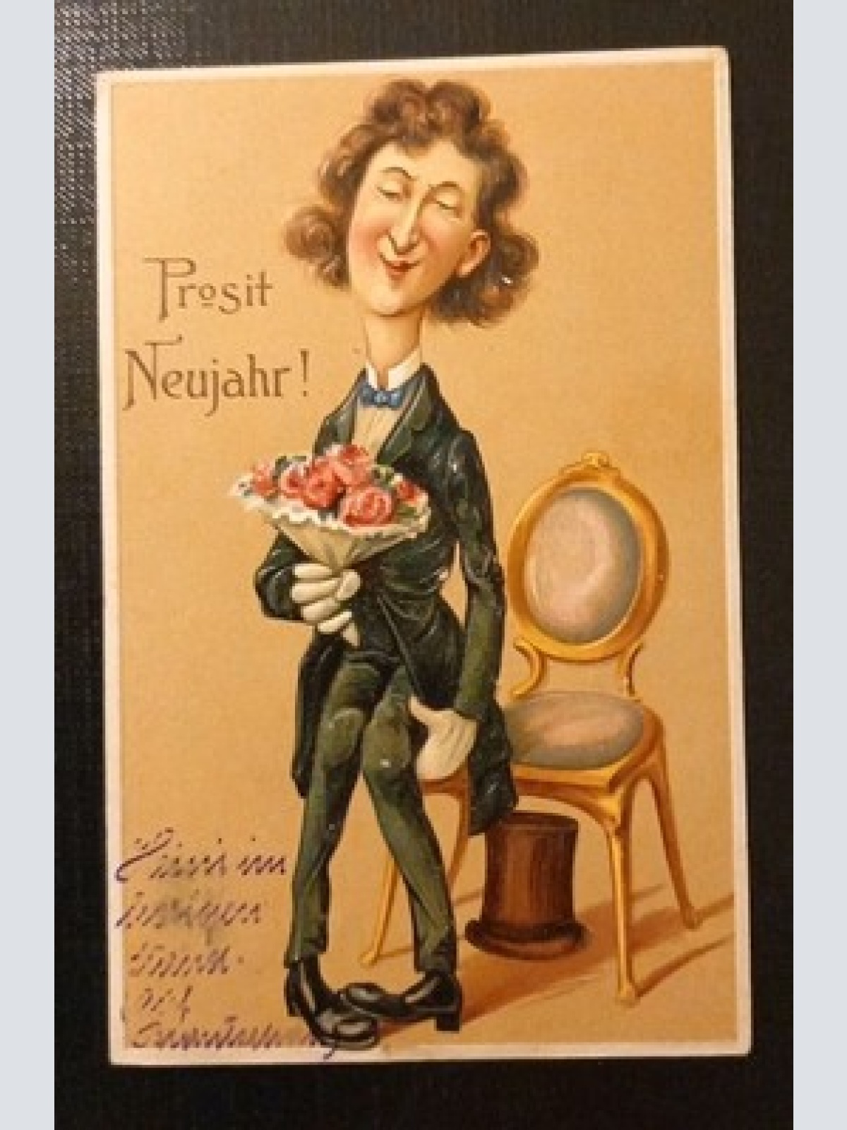 Prosit Neujahr Mann Im Anzug Und Brautstrauß Prägekarte Gr1 5566 J
