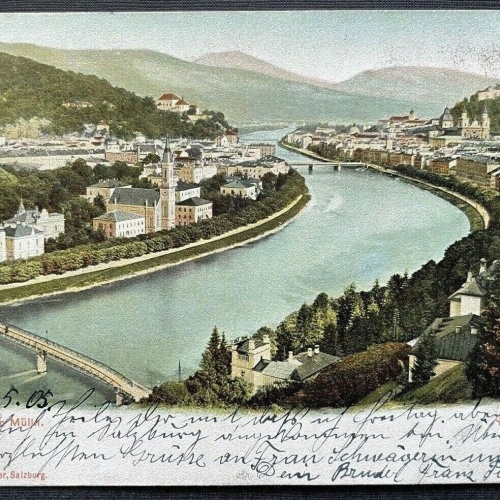 Salzburg von Mülln Salzach Fluss Brücke Festung Burg Kirche Österreich 410847 TH
