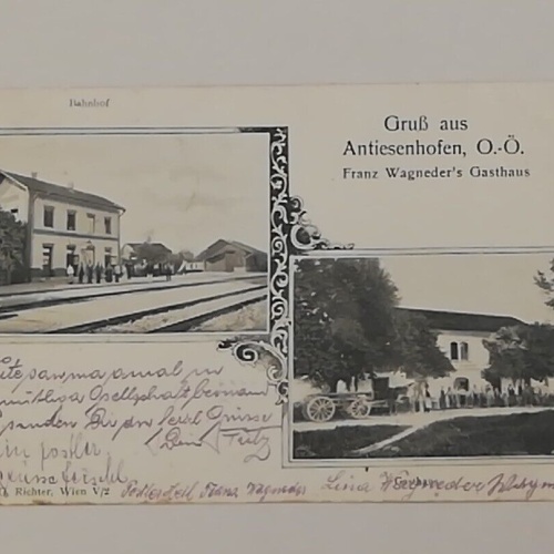 Oberösterreich Antiesenhofen Wagneders Gasthaus Bahnhof Pferde Wagen 600687A tl