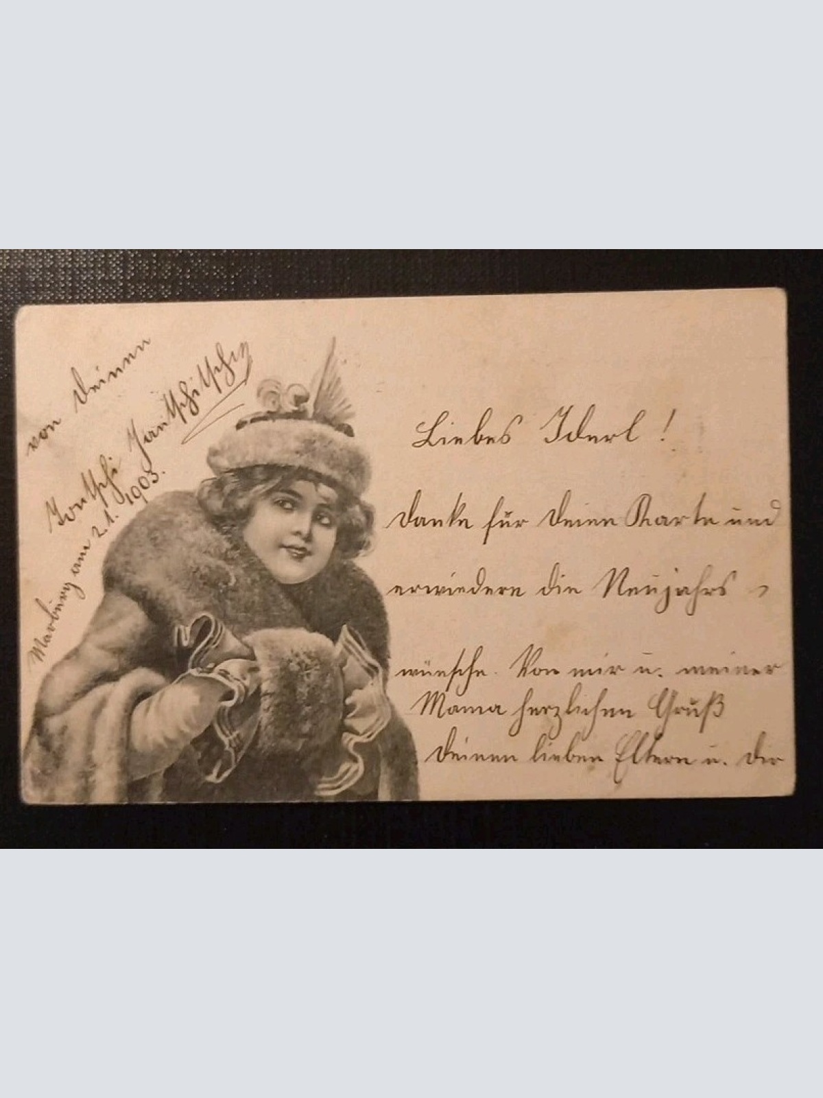 Frau Mit Hut Winter Schneeflocken Künstlerkarte  Gr E 410467