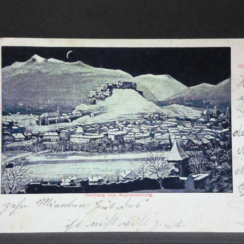 Salzburg vom Kapuzinerberg Winter Mond Schnee Zeichnung JW 6351