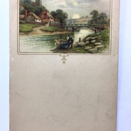 Mann bei Ruderboot - Dorf mit Brücke über Fluss - Künstlerkarte 40222 TH