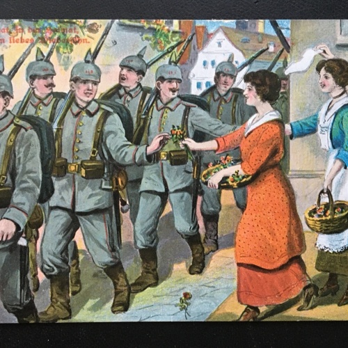 In der Heimat - Frauen verteilen Blumen - Soldaten Militär Krieg 400635 TH