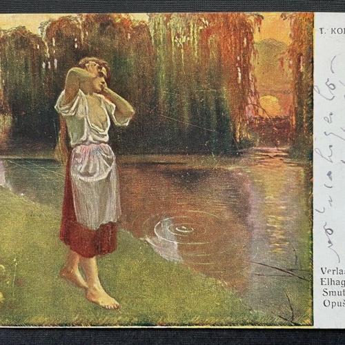 Malerei Verlassen bin ich T.Koral Frau Kleid Liebe Einsamkeit See Park 410776 TH