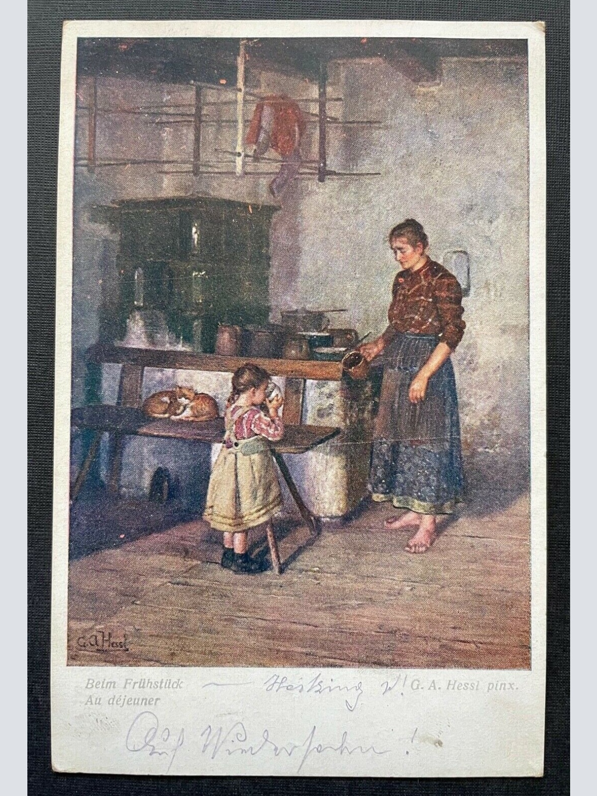 Malerei Beim Frühstück G.A.Hessl Mutter Kind Mädchen Kleid Küche Ofen 410784 TH