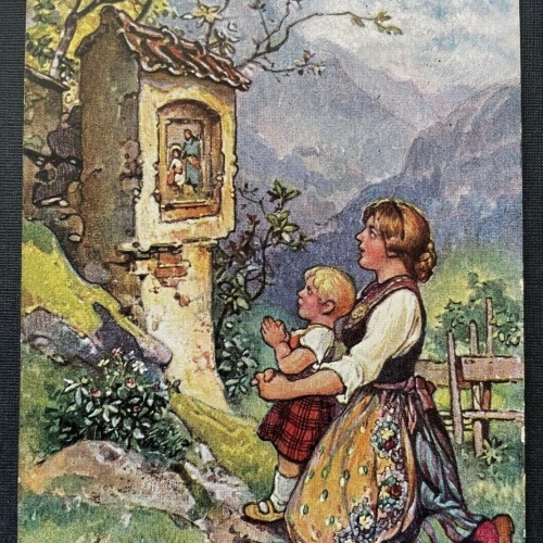 Gott schütze unsere Lieben im Felde Mutter Kind Tracht Bildstock Krieg 410797 A