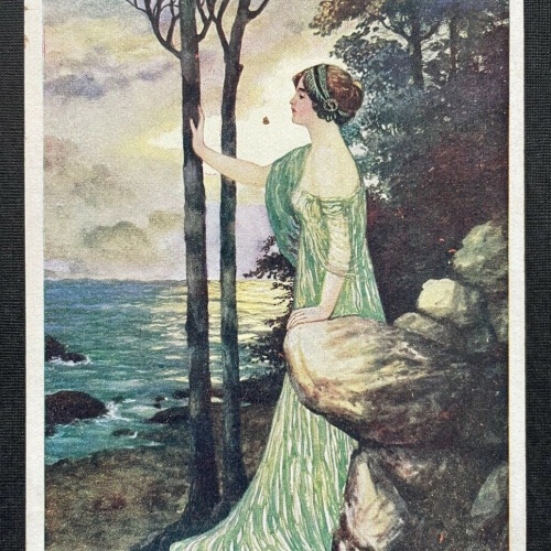 Malerei Erwartungsvoll U.Roland Frau Kleid Ufer Meer Baum Haarschmuck 400286 A