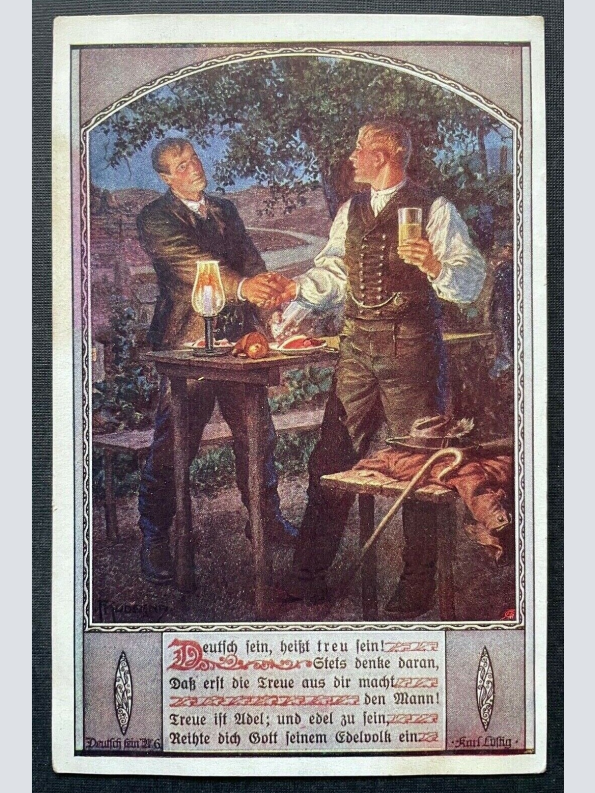 Deutscher Schulverein Treue Spruch Handschlag Mann Tracht Stock Glas 400331 TH A
