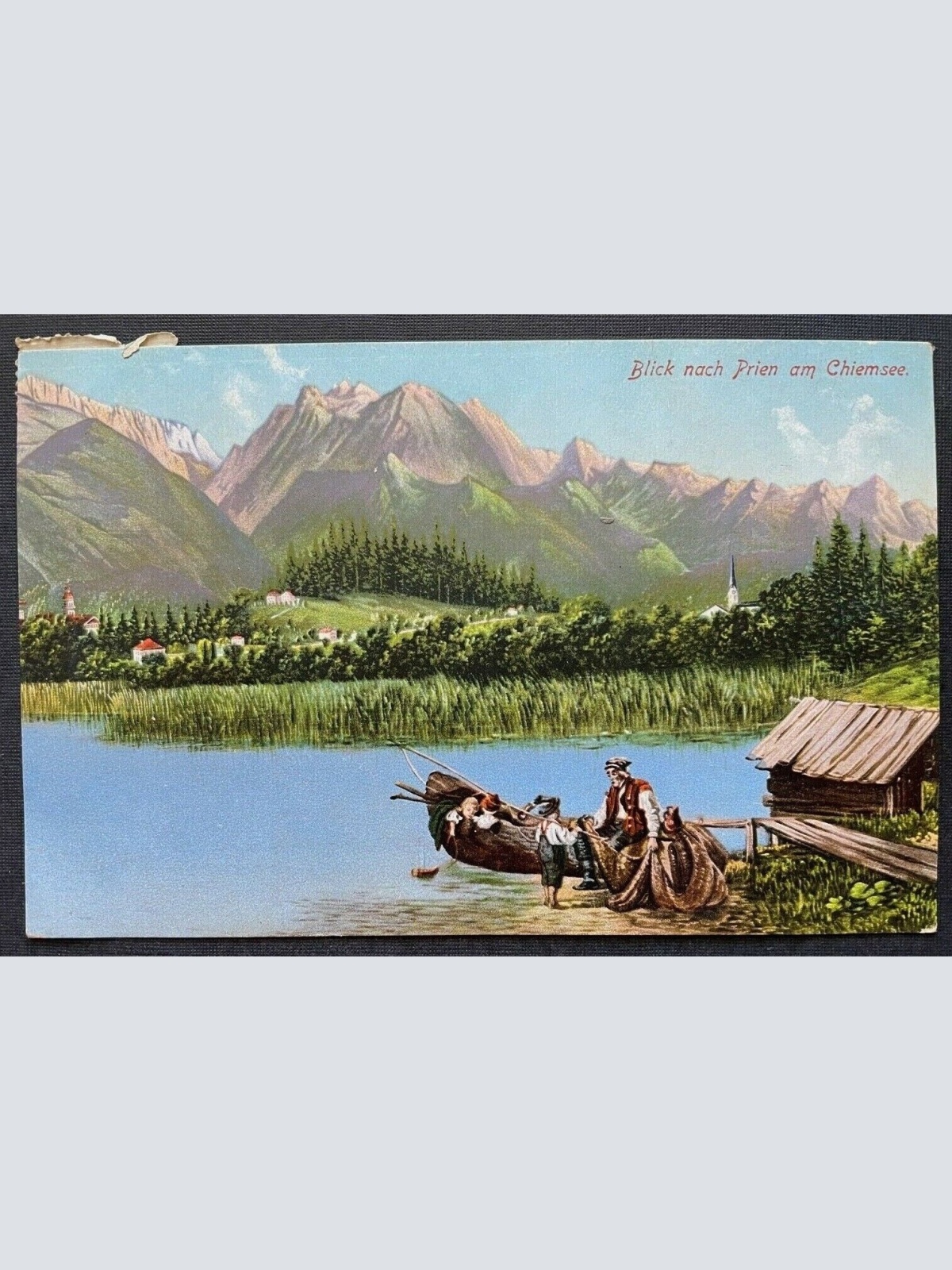 Blick nach Prien am Chiemsee Berg Gebirge Boot Haus Bayern Deutschland 400261 TH