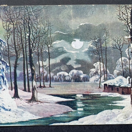 Winter Landschaft Schnee Fluss Eis Baum Haus Mond Nacht Malerei 400338 TH F