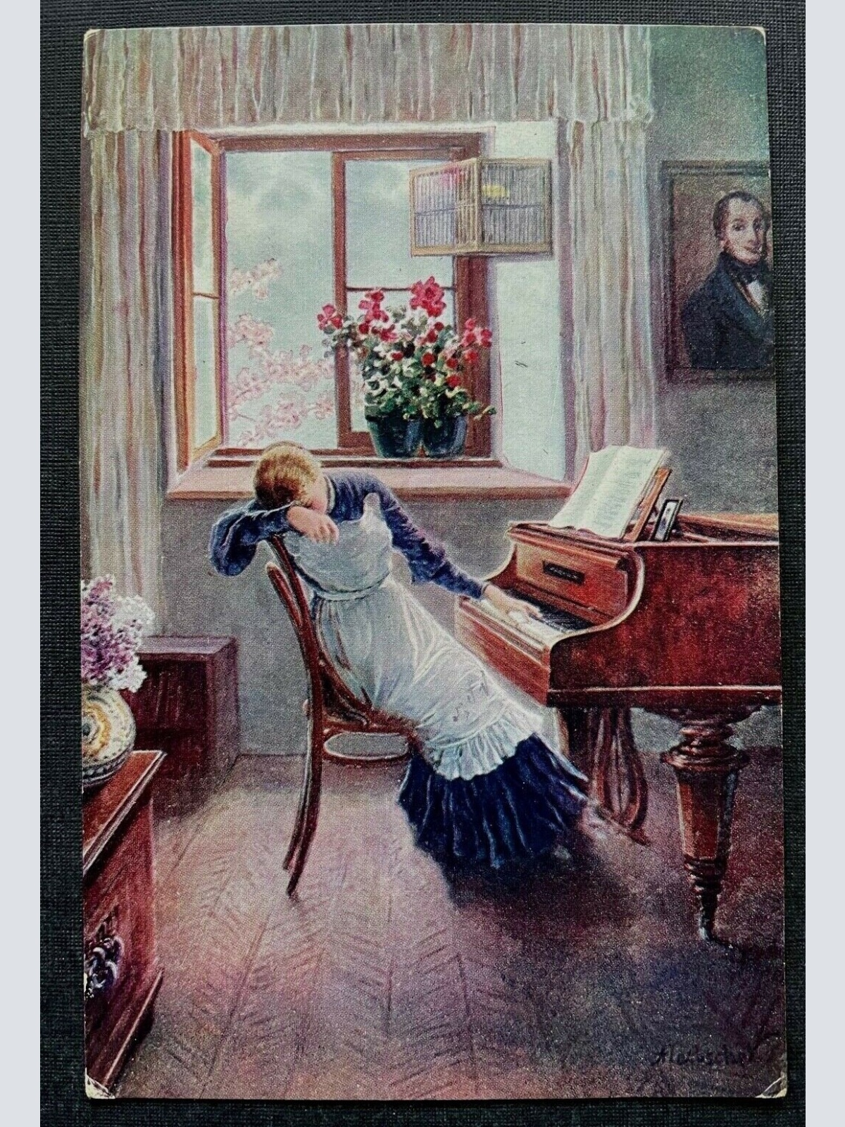 Malerei Sein Lief Ad.Liebscher Frau Piano Kleid Traurigkeit Fenster 400294 TH A
