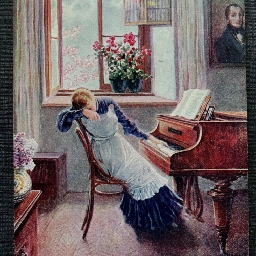 Malerei Sein Lief Ad.Liebscher Frau Piano Kleid Traurigkeit Fenster 400294 TH A