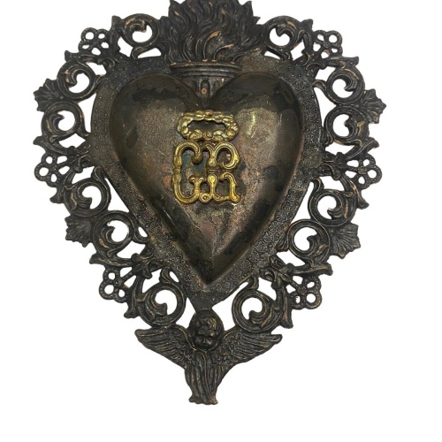 Antikes Flammendes Herz Klosterarbeit Votiv Herz 16.5 X 13.5 cm 500099