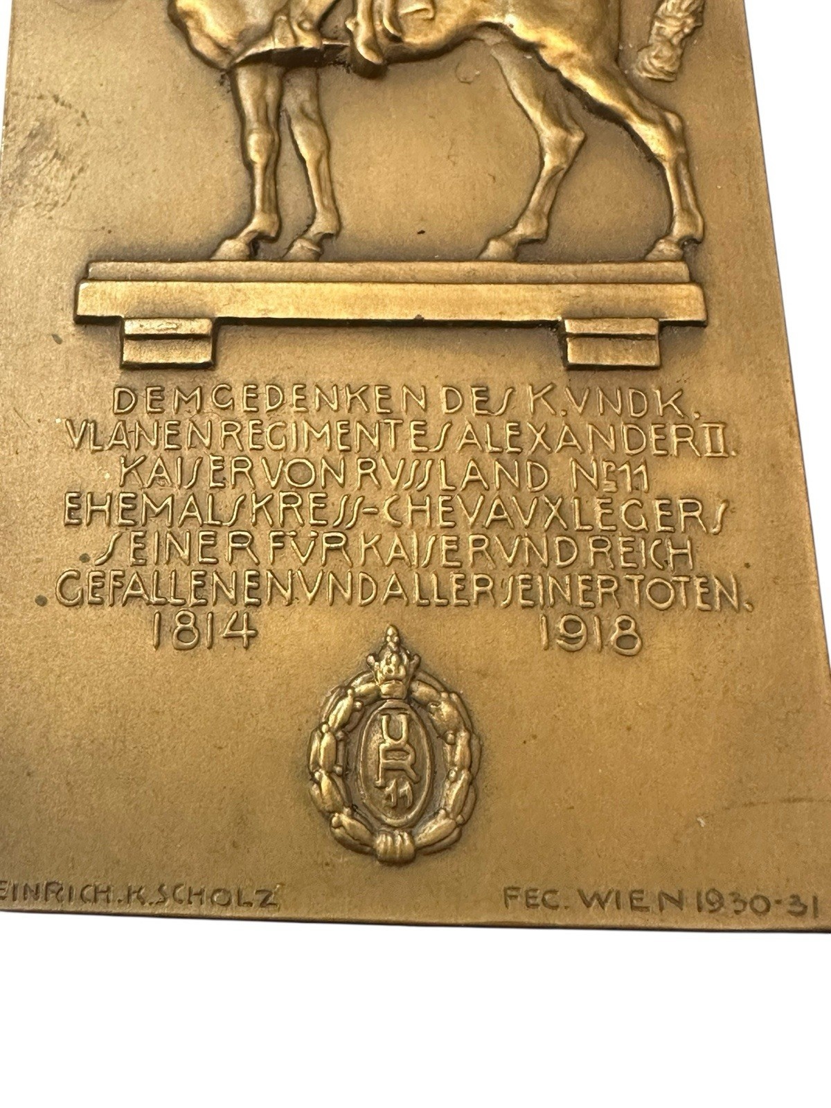 Bronze Plakette Ulanen Regiment Alexander II Österr.-Ungarn Heinrich K. Scholz