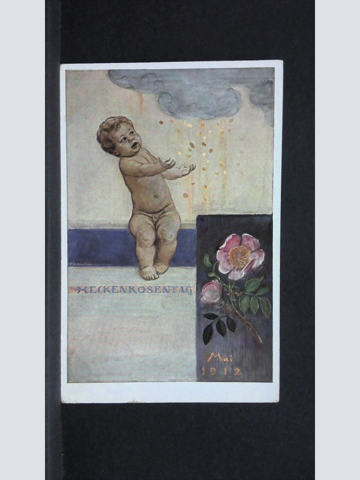 Heckenrosentag Baby Goldmünzenregen F A v Kaulbach Künstlerkarte 500219 jw J