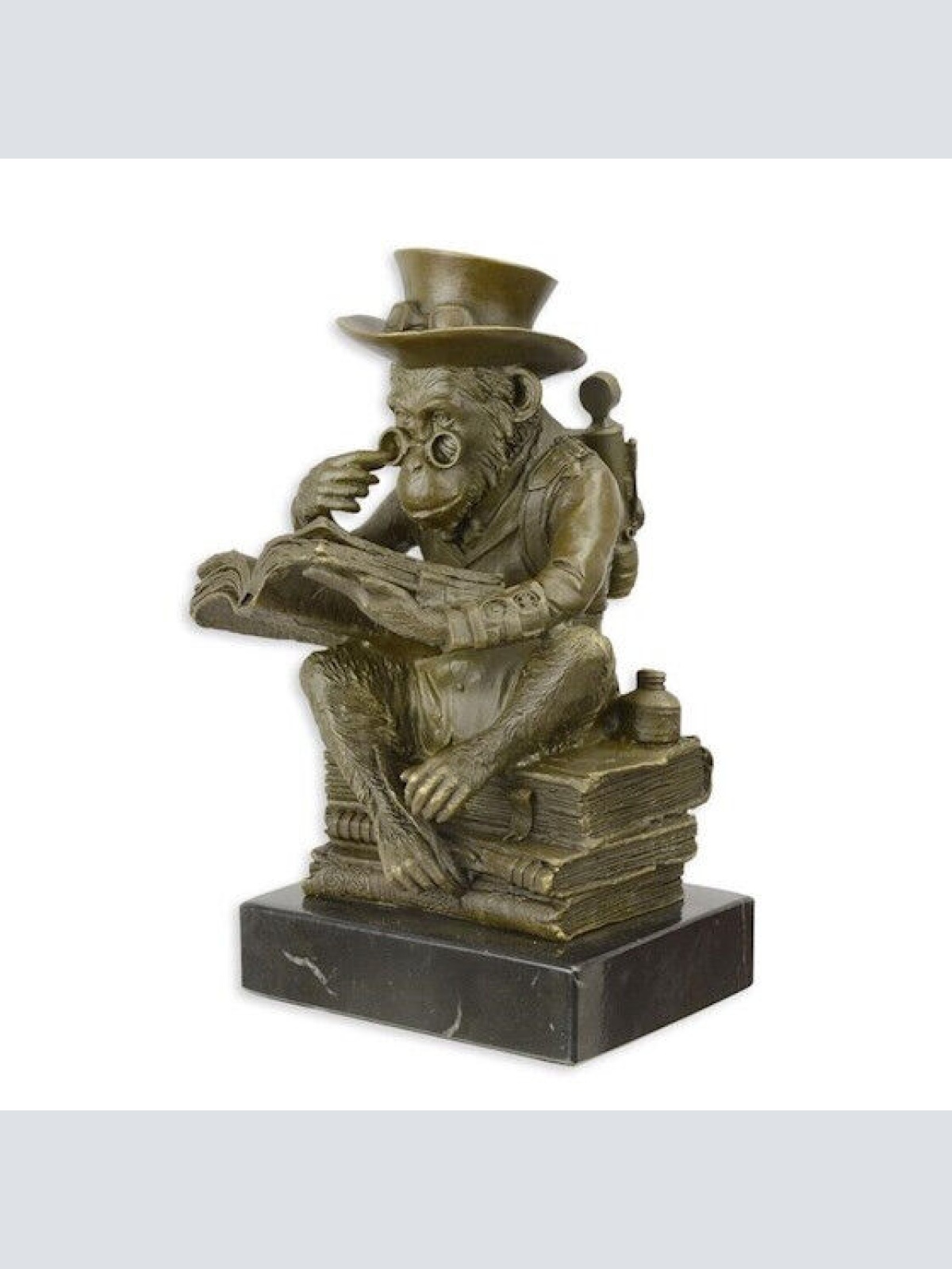 Bronze Skulptur auf Marmor Block Steampunk Affen Philosoph H 21,4 L 12 NLBX-17