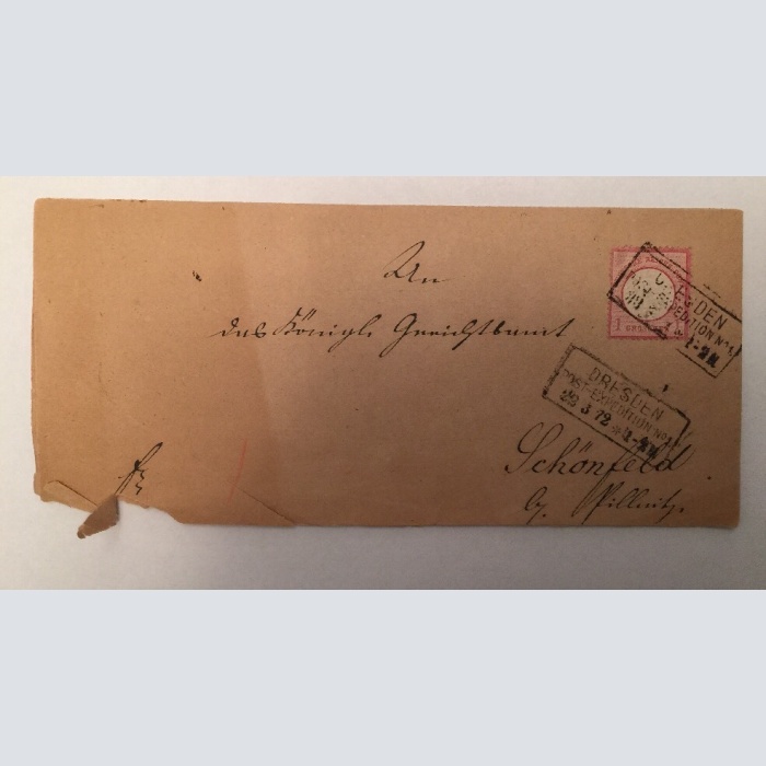 Dt. Reich 1872 königl. Gerichtssache Dresden Schönfeld Siegel 17.8x8 cm 14496
