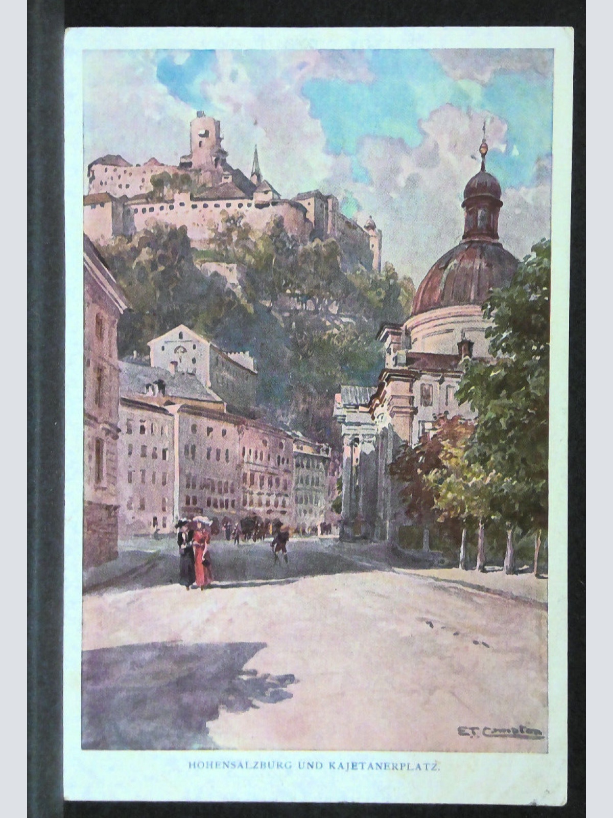 Salzburg Hohensalzburg und Kajetanerplatz Zeichnung Künstlerkarte JW165740