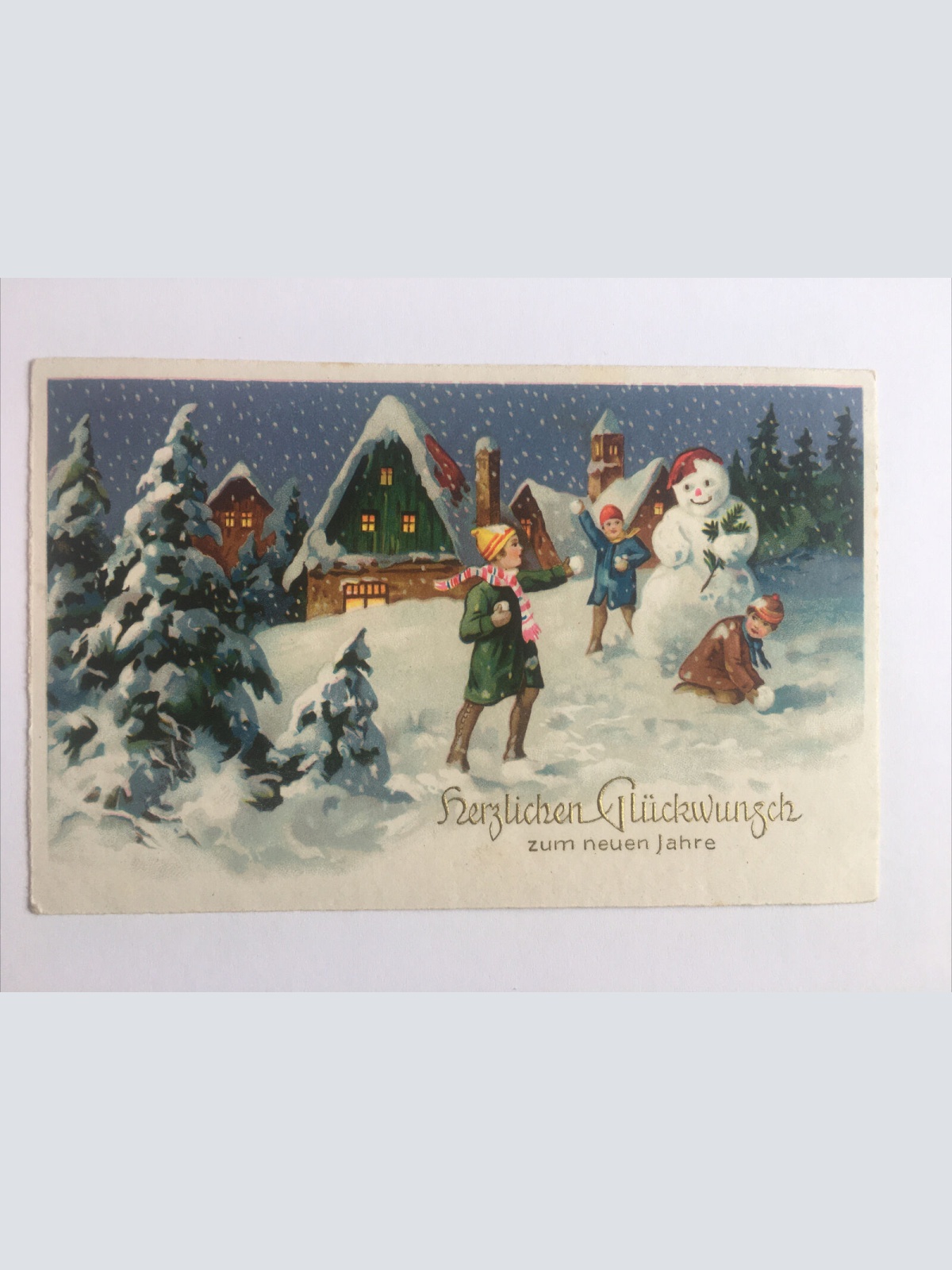 Glückwunsch Weihnachtskarte. Winterlandschaft, drei Kinder. 652