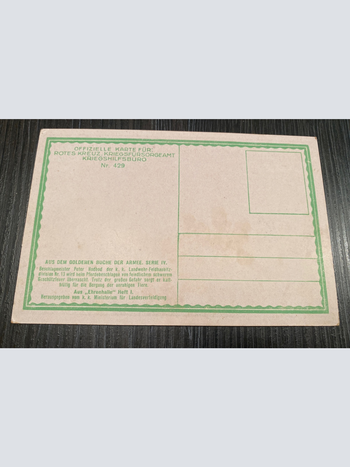 Kriegsfürsorgeamt Nr. 429 Peter Hodbod I Weltkrieg Pferde 80153