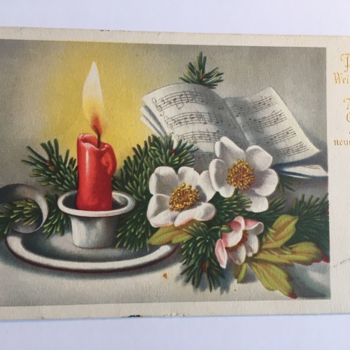 Glückwunsch Weihnachtskarten. Gesteck und Notenheft. 641.