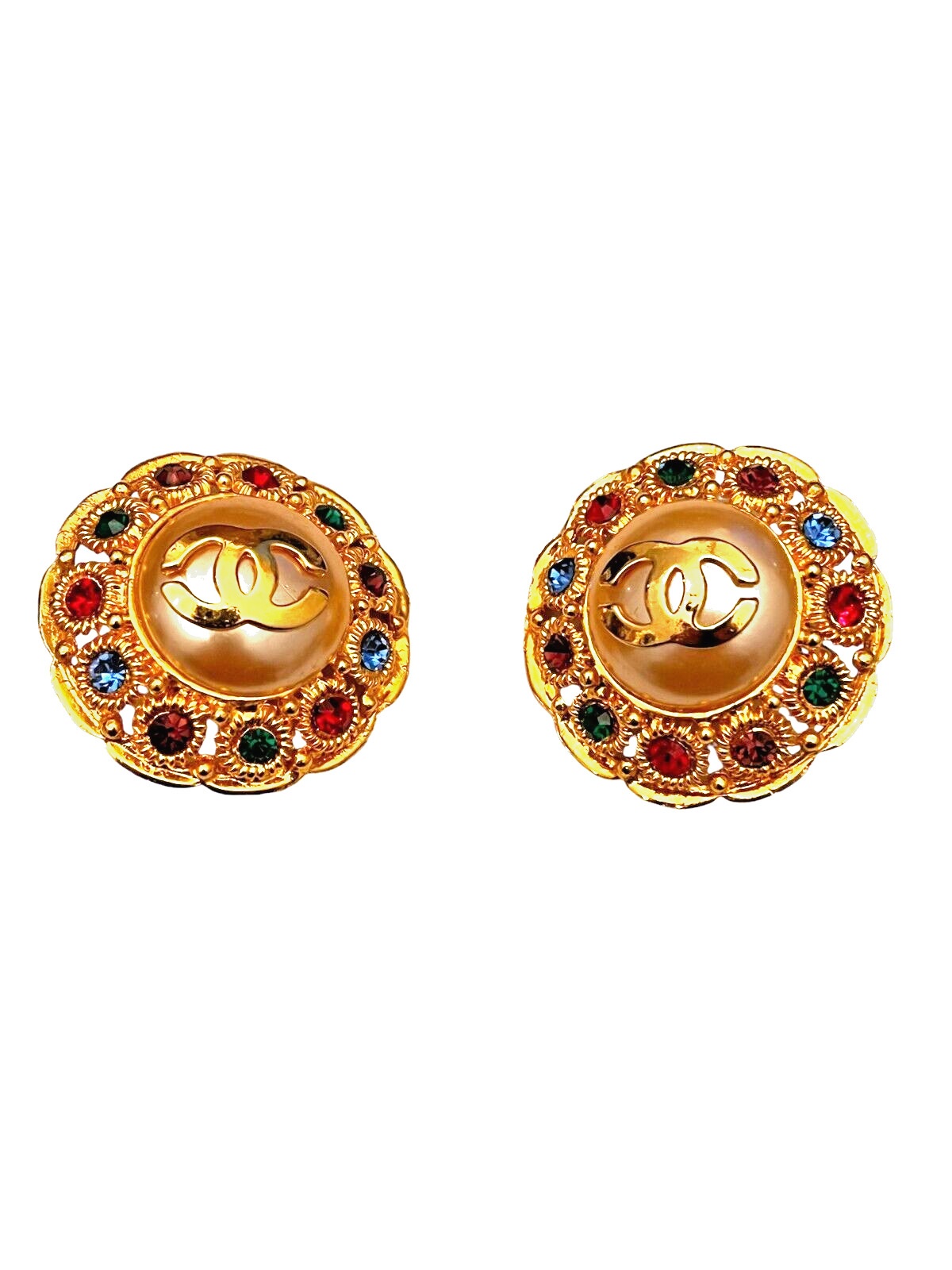Ohr-Clips Vintage von Chanel 38mm Durchm. mit Multicolor Steinen  R0012