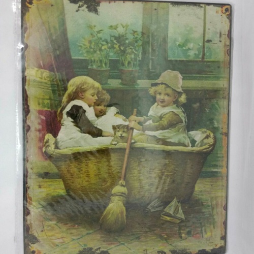 Nostalgie Retro Blechschild Kinder Katze Gemälde 25x20 50344