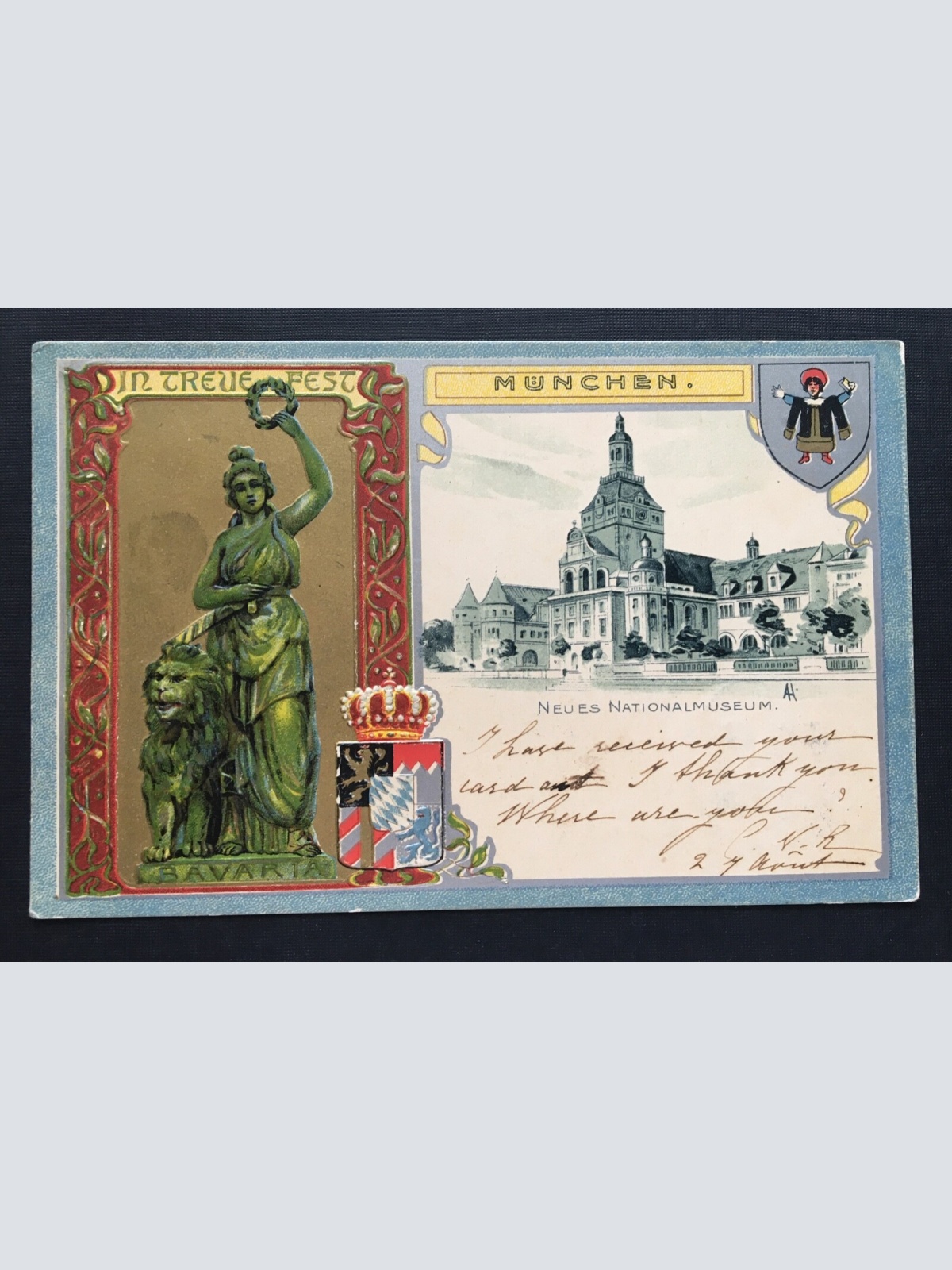 München Neues Nationalmuseum Prägekarte Statue Bayern Deutschland 400857 TH A