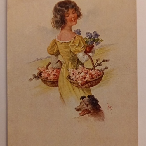 Korrespondenz Karte Frau mit Blumen und Hund 500059A gr D
