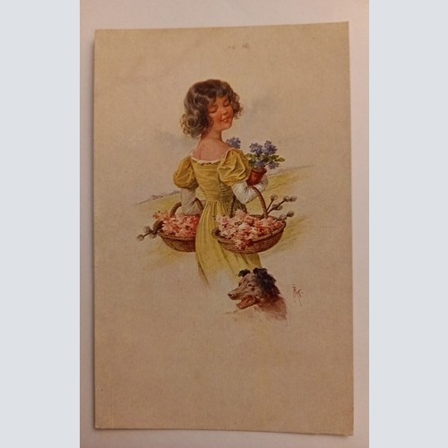 Korrespondenz Karte Frau mit Blumen und Hund 500059A gr D