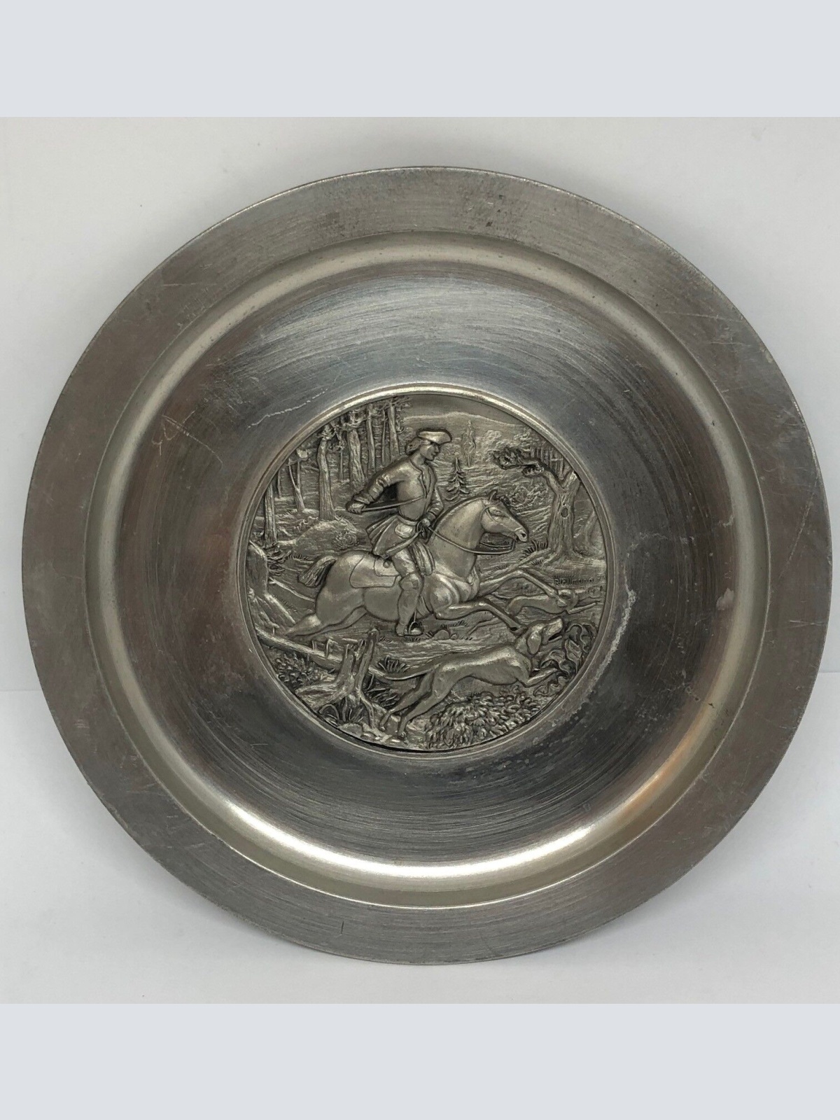 Jagd Zinnteller Jagdszene Jagdhund Reiter sign. Hollmann 18 cm 25559