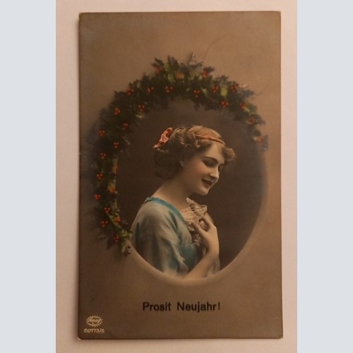 Künstlerkarte Prosit Neujahr Frau mit Glas 600606A gr D