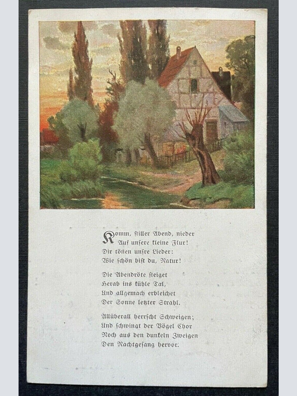Komme stiller Abend Gedicht Haus Gebäude Garten Fluss Baum Malerei 410786 TH F