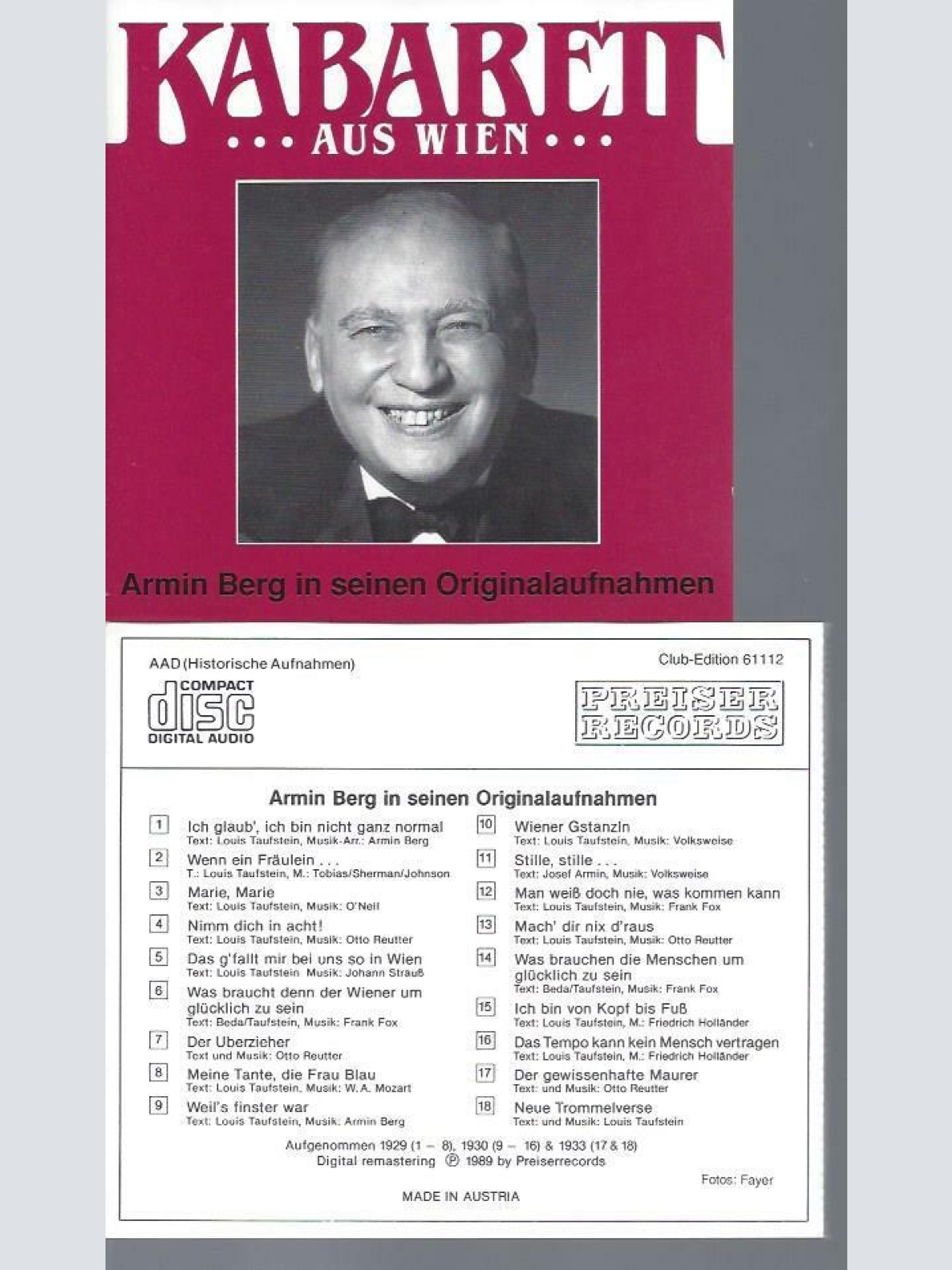 CD // KABARETT AUS WIEN  ARMIN BERG ORIGINALAUFNAHMEN