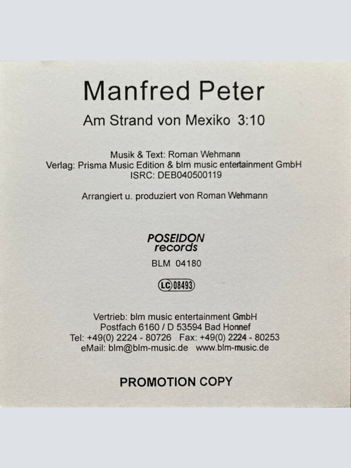CDr, Single, Promo Manfred Peter (2) - Am Strand Von Mexiko